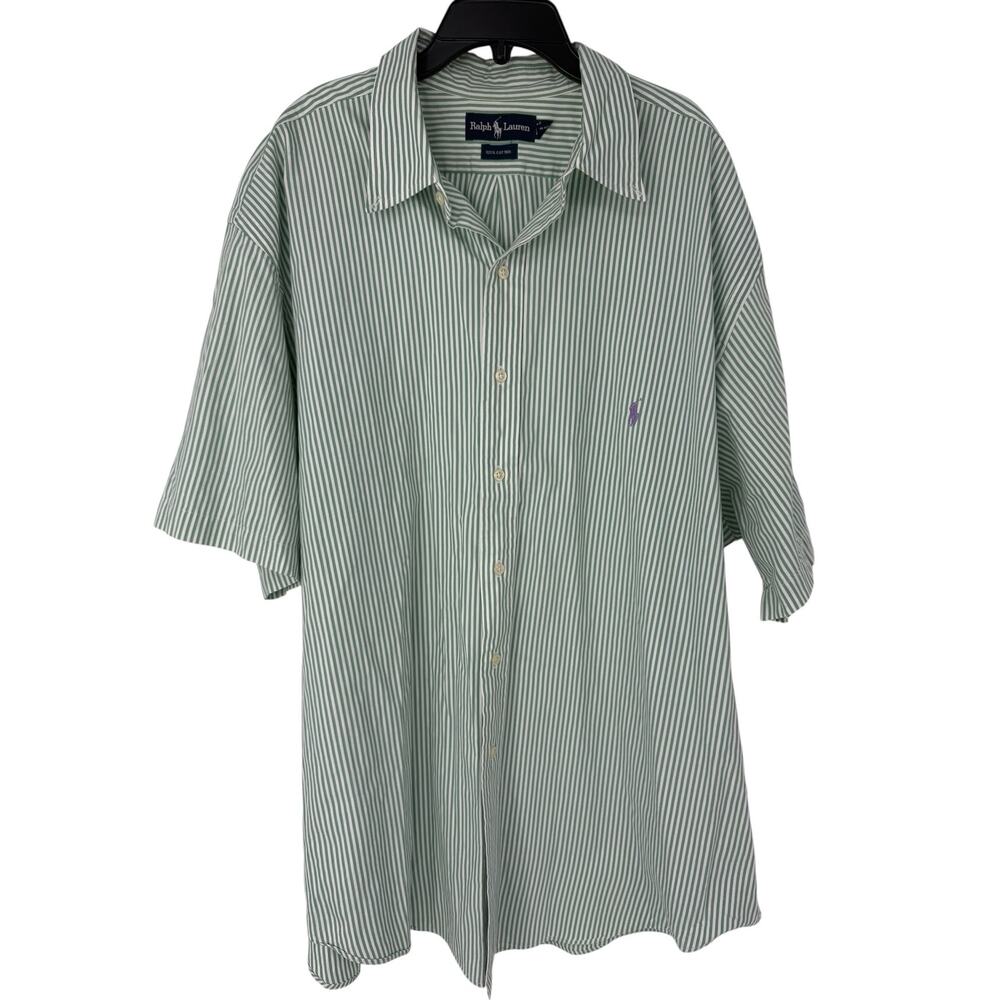 Ralph Lauren Green White Striped Button Down Shirt Purple Pony 2XL Cotton